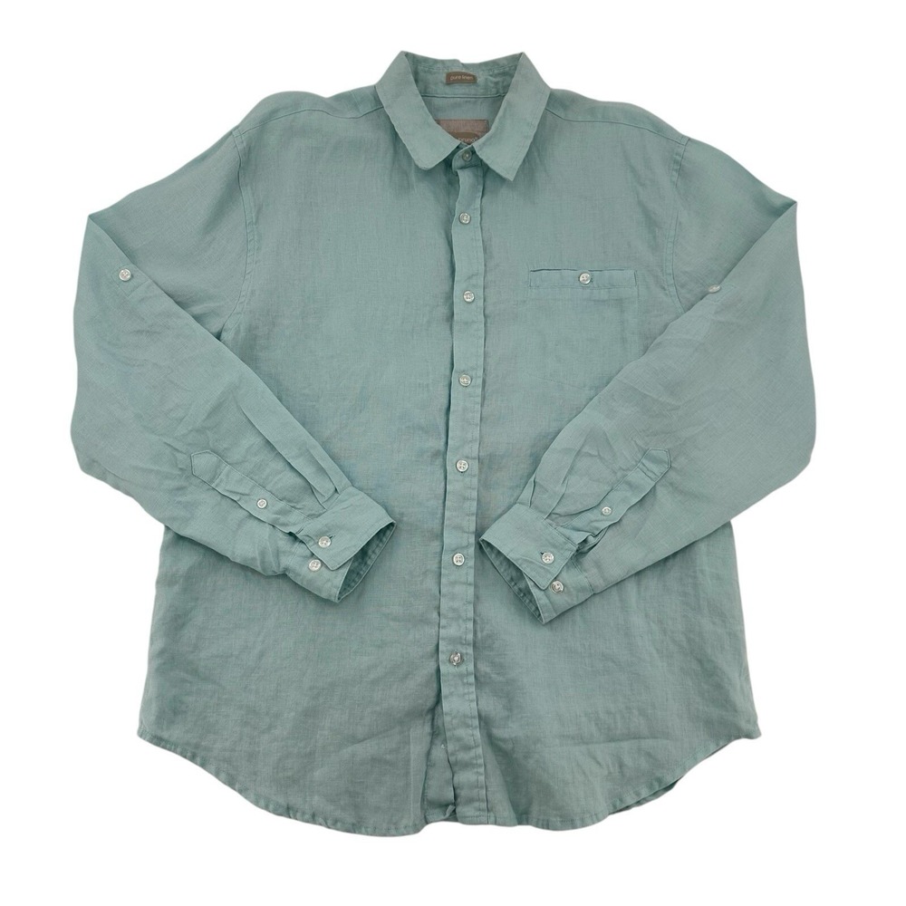 Bruno Mens Sz L Pure Linen Long Sleeve Button Down Shirt Seafoam Green Roll Tab